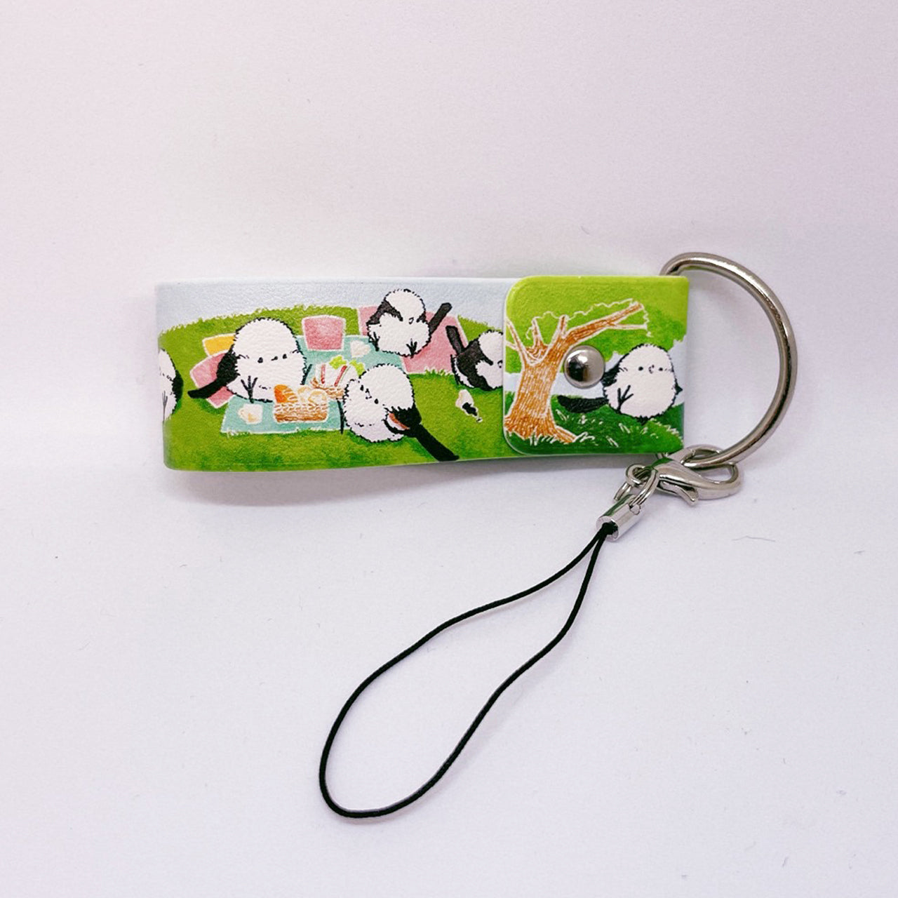 Long-tailed Tit Strolling PU Leather Keychain Strap