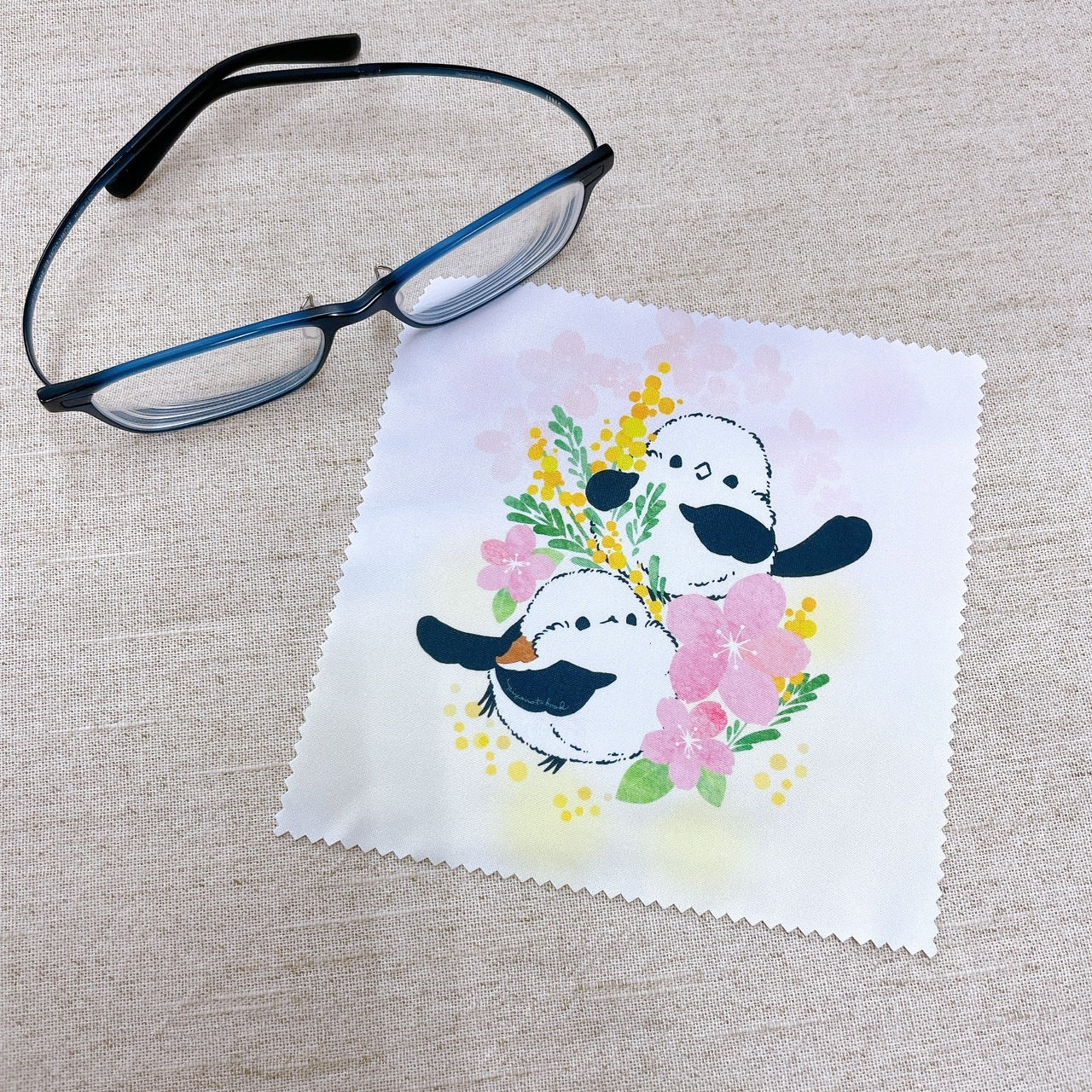 Long-tailed Tit, Mimosa & Cherry Blossom Microfiber Cleaning Cloth