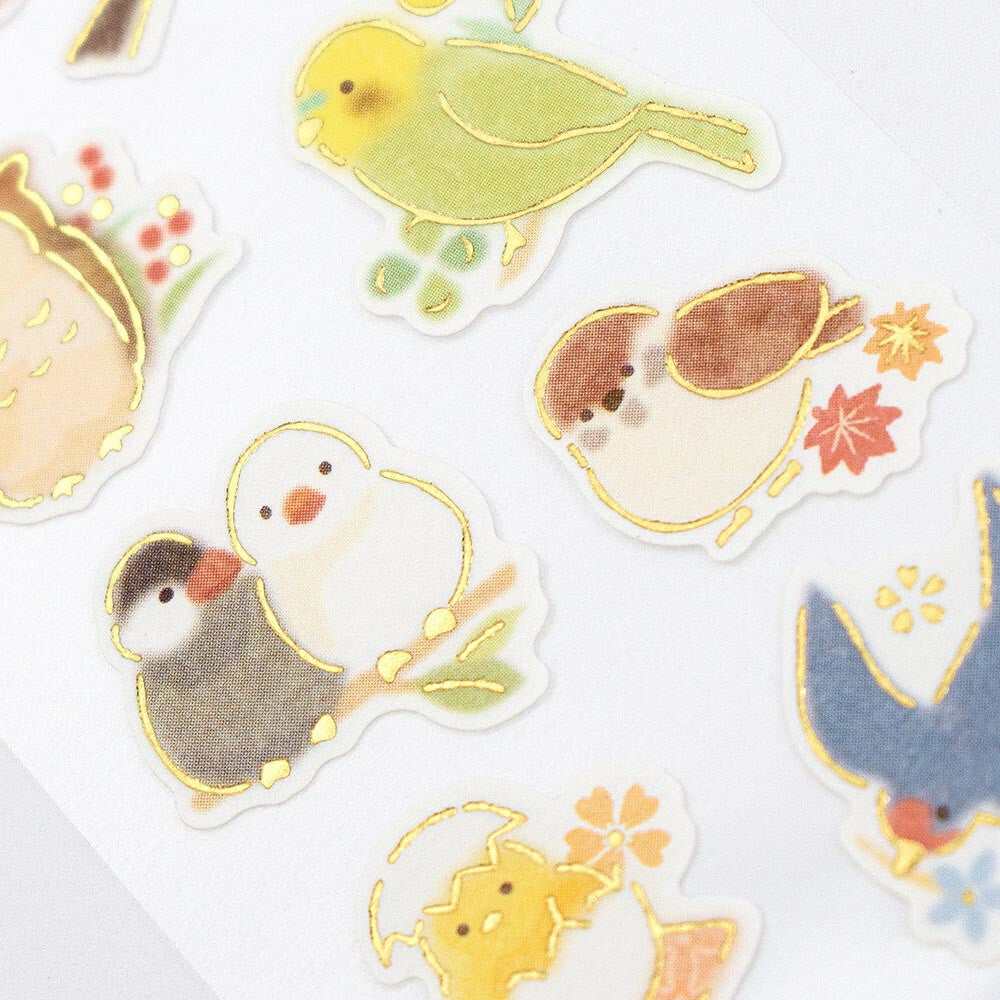 Bird & Flower Japanese Washi Stickers with Gold Accent