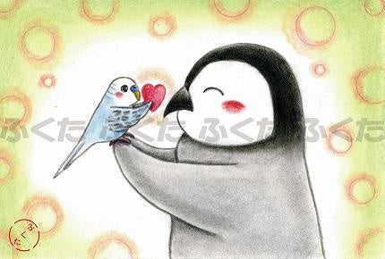 Penguin Budgie Budgerigar Parakeet Postcard Fukuta-50 - Boutique SWEET BIRDIE