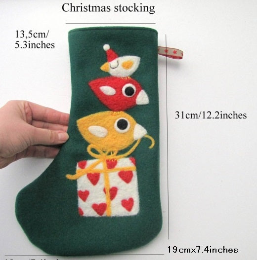 羊毛フェルト クリスマスの靴下 クリスマスソックス　3羽の小鳥とプレゼント - 小鳥雑貨専門のお店　スウィート・バーディー・ブティック