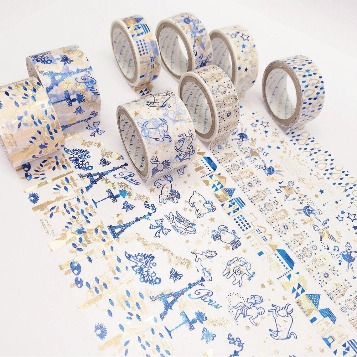 Rain Drop Gold & Blue Glitter Japanese Washi Tape Shinzi Katoh Design