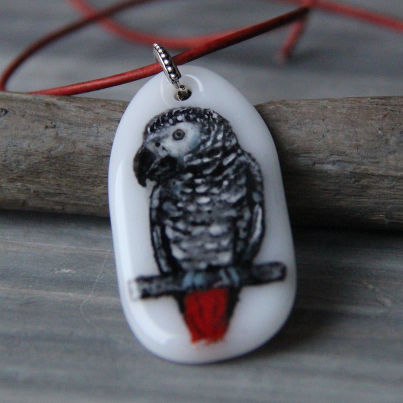 African Gray Parrot Fused Glass Pendant - Boutique SWEET BIRDIE