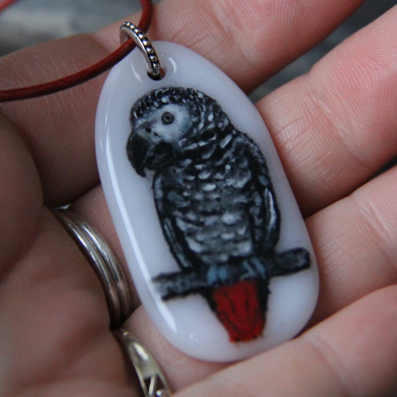 African Gray Parrot Fused Glass Pendant - Boutique SWEET BIRDIE